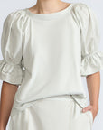 Nery Top in Silver – Cotton knit top with short balloon sleeves, round neckline, and soft jersey-pima poplin mix.