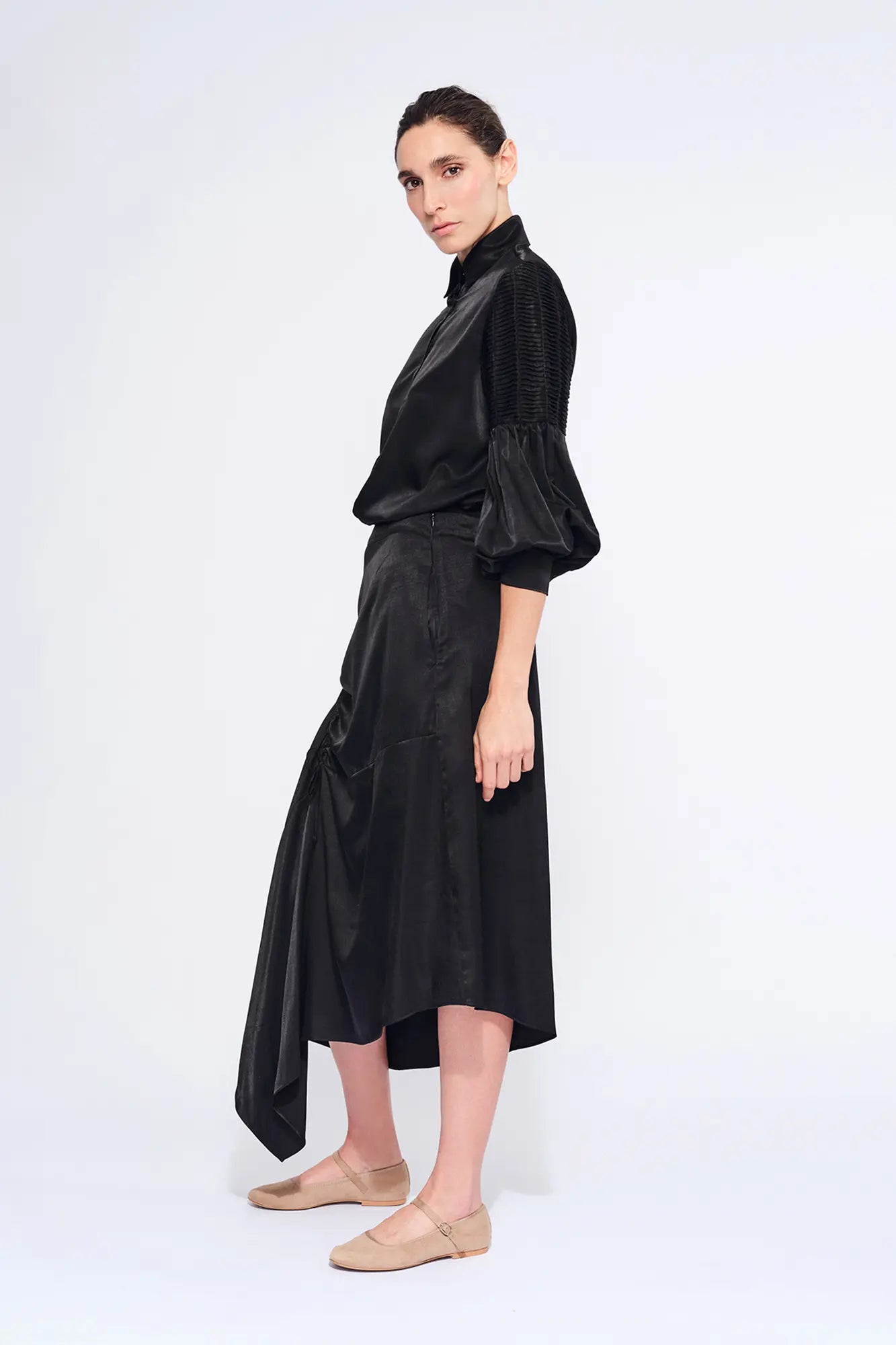 Olenka Asymmetric Ruched Skirt in Black | Sitka Semsch