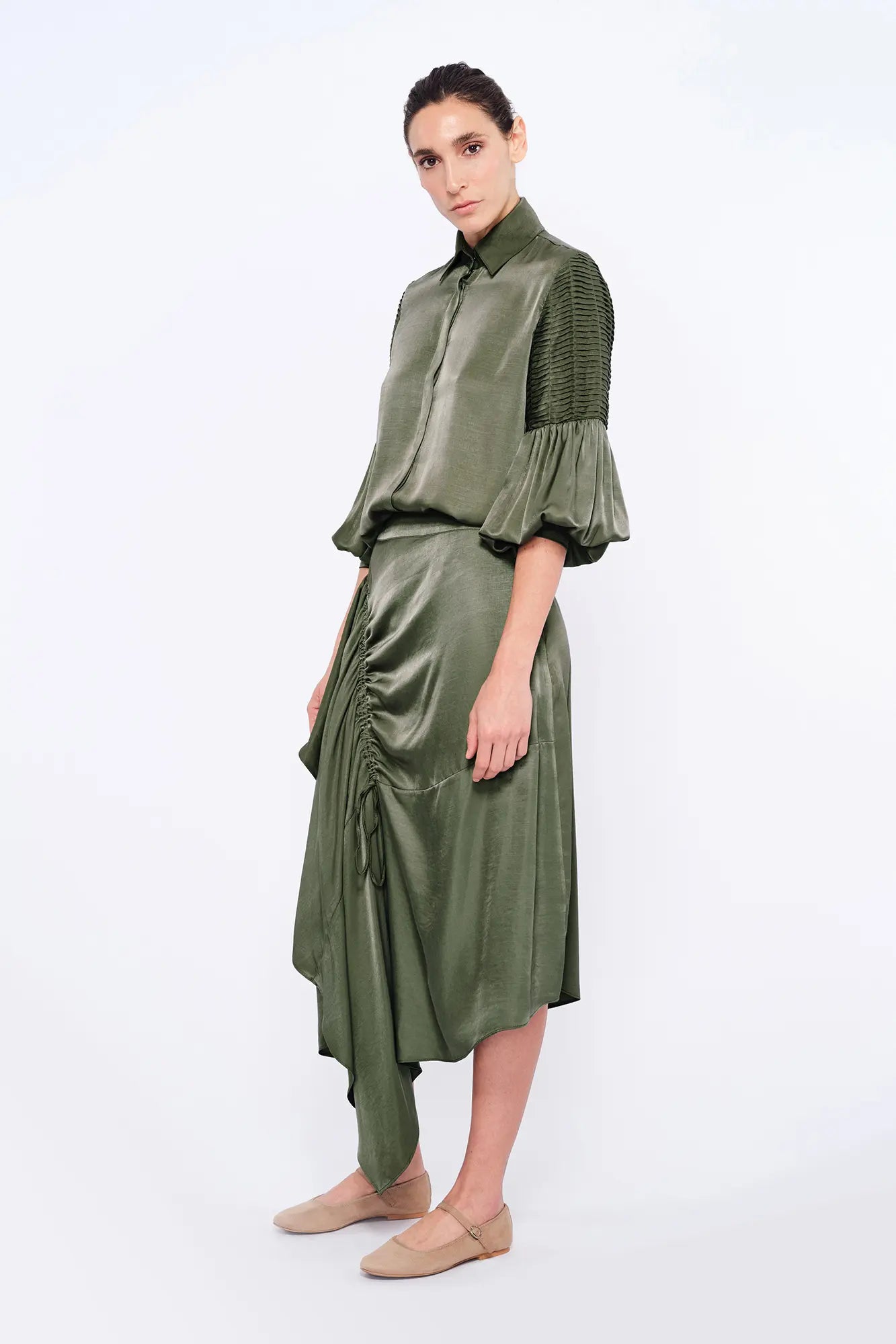 Olenka Asymmetric Ruched Skirt in Olive | Sitka Semsch