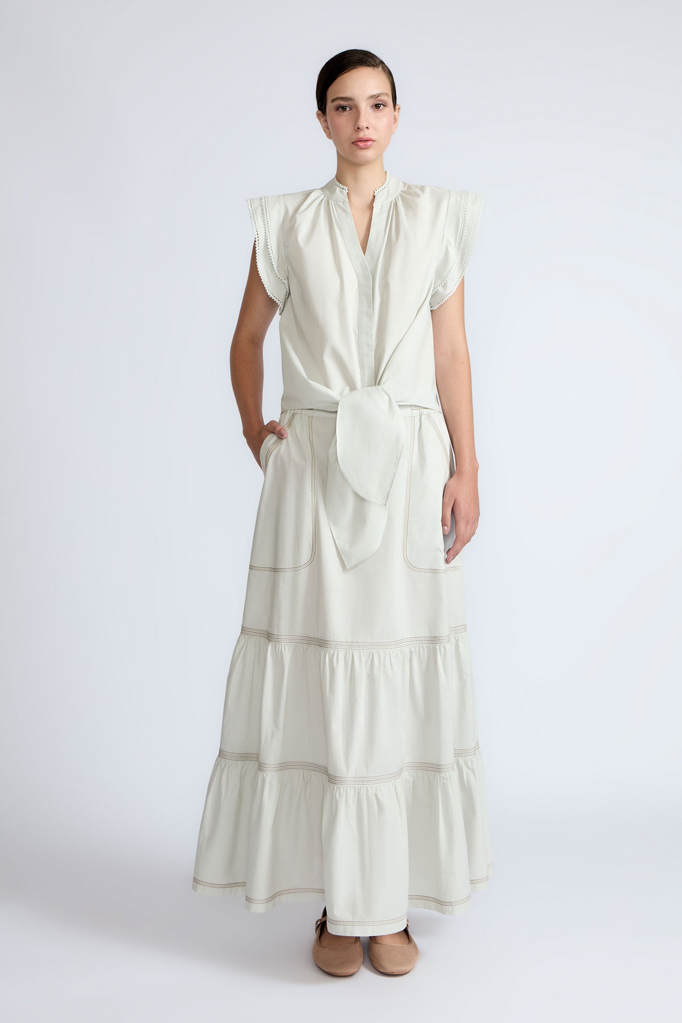 Oriana Blouse in Silver | Cotton V-Neck Blouse with Ruffled