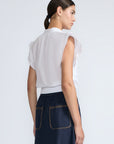 Oriana Blouse in White – Elegant cotton blouse with V-neck, Neru collar, ruffle sleeves, tie waist, and hand-appliqué detailing.