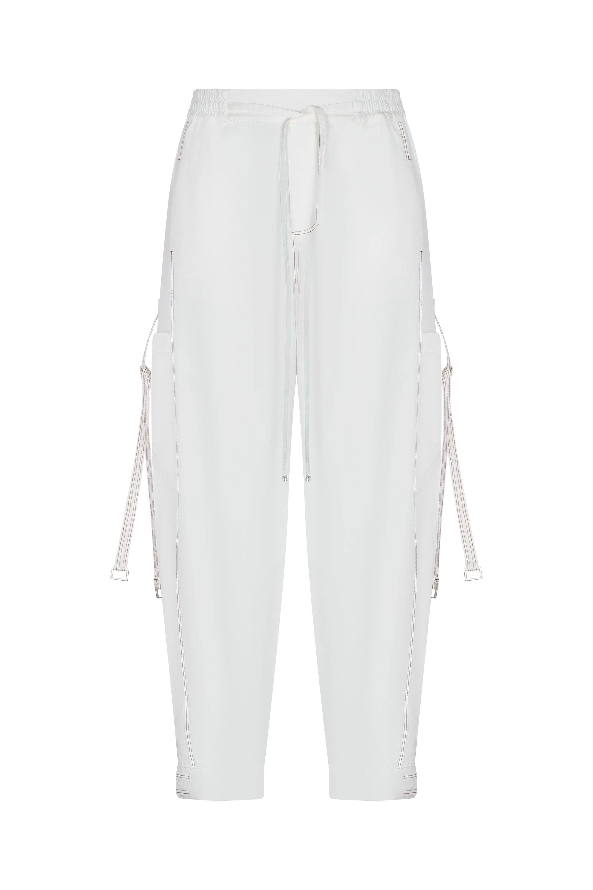 Paloma Pant in Off White – Relaxed cotton pants with patch pockets, contrast stitching, and side ties for a chic silhouette.