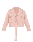 Front view of the Parker Jacket in Rose, showcasing its versatile tie-front design and tailored collar.