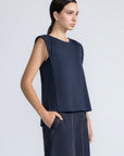 Regina Top in Navy – Soft knit top in 100% Pima cotton with round neck, Greca lace detail, dropped sleeves, and side slits.