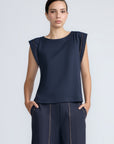 Regina Top in Navy – Soft knit top in 100% Pima cotton with round neck, Greca lace detail, dropped sleeves, and side slits.