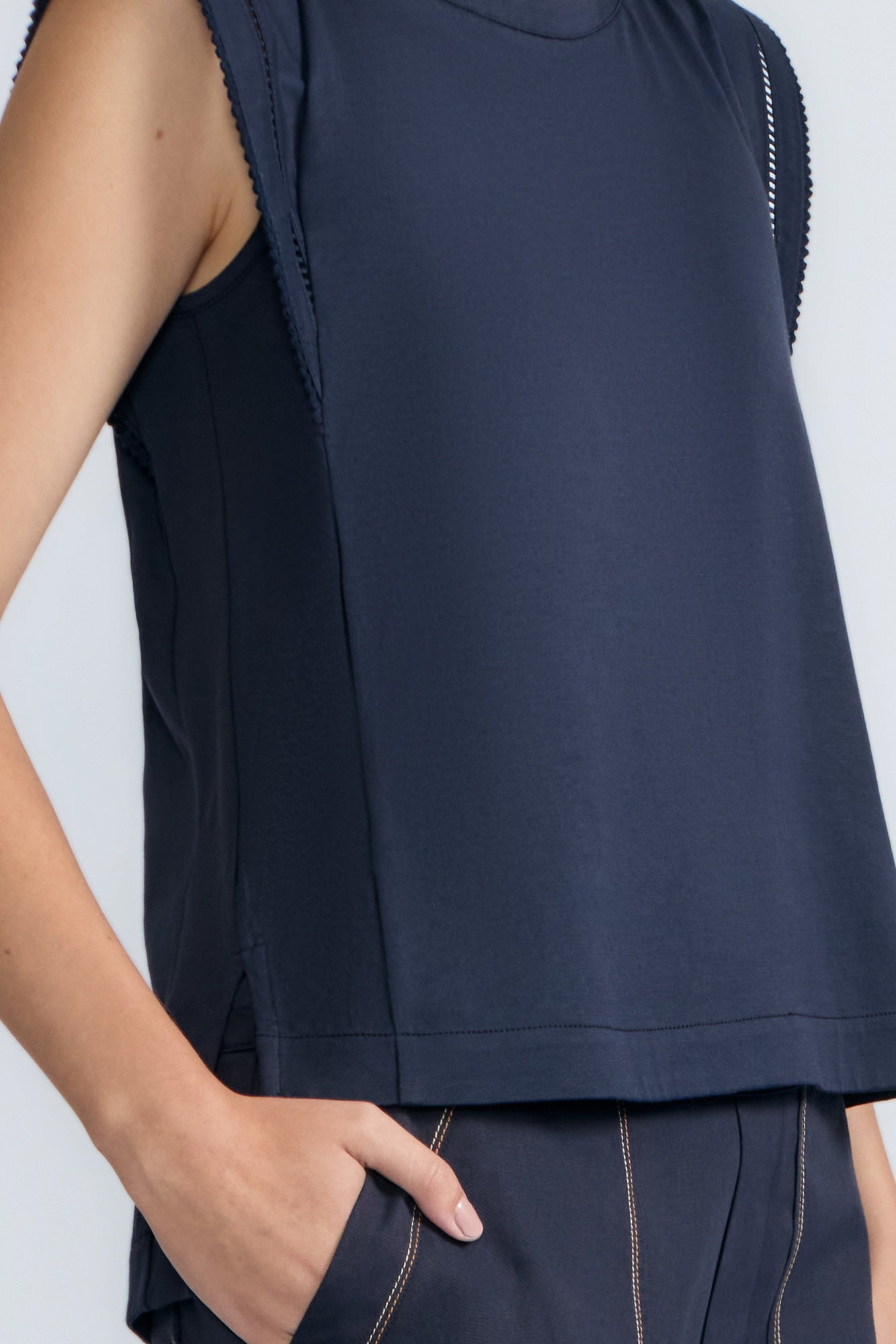 Regina Top in Navy – Soft knit top in 100% Pima cotton with round neck, Greca lace detail, dropped sleeves, and side slits.