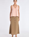 Front view of the Ryan Top in Rose, showcasing its V-neckline and adjustable drawstring waist.