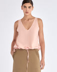 Front view of the Ryan Top in Rose, showcasing its V-neckline and adjustable drawstring waist.