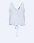 Ryan Top in Sky showcasing a chic V-neck and adjustable drawstring waist for versatile everyday style.