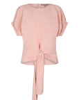 Front view of the Shelby Blouse in Rose, showcasing its classic round neckline and adjustable tie-hem.