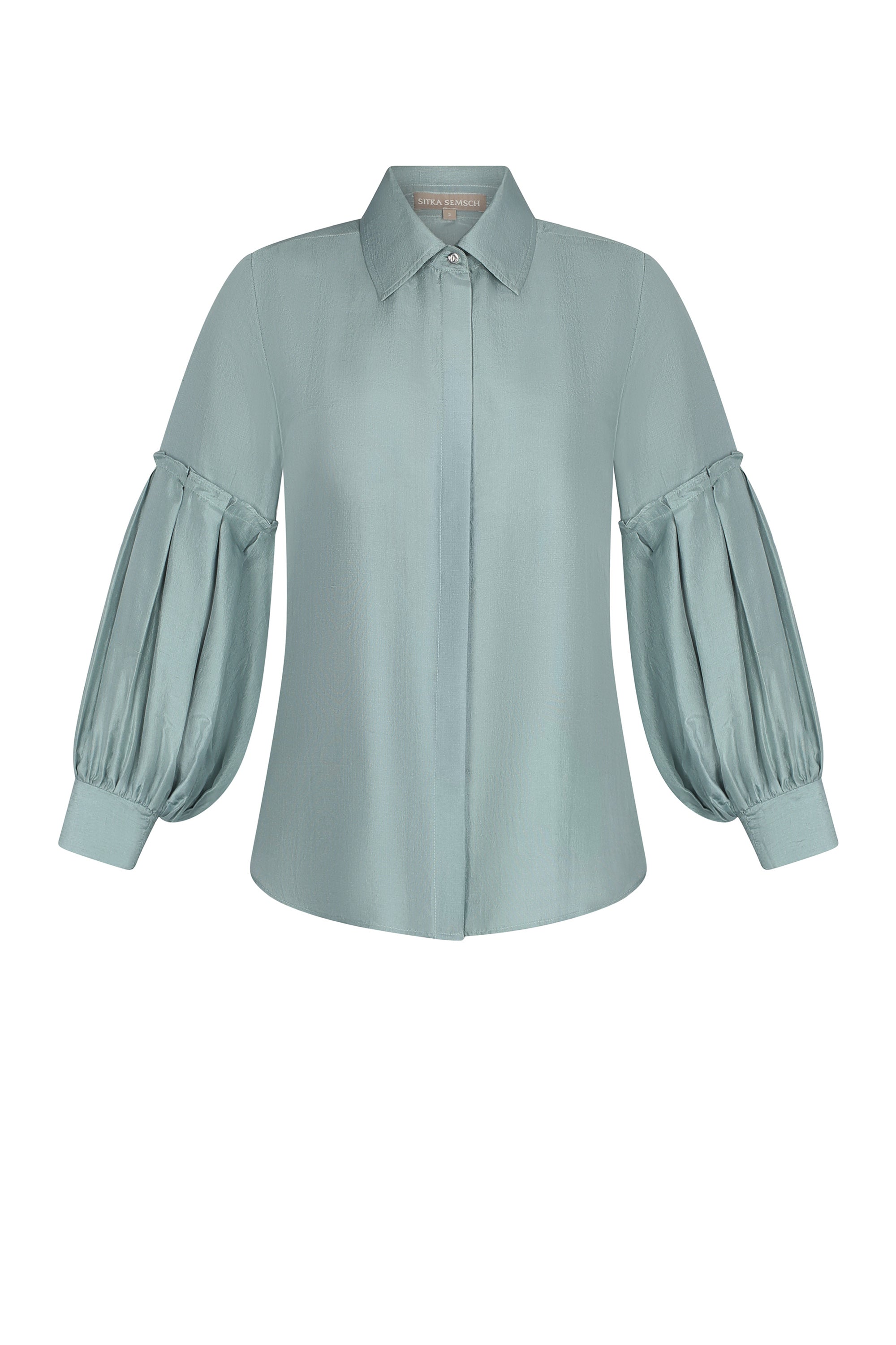 Sierra silk blouse in dark green with a sleek collar and balloon sleeves