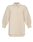 Front view of the Tatiana Blouse in a natural Ecru, showcasing its classic shirt collar.