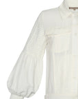 Tiana Jacket in Off White with metal buttons, patch pockets, and balloon sleeves