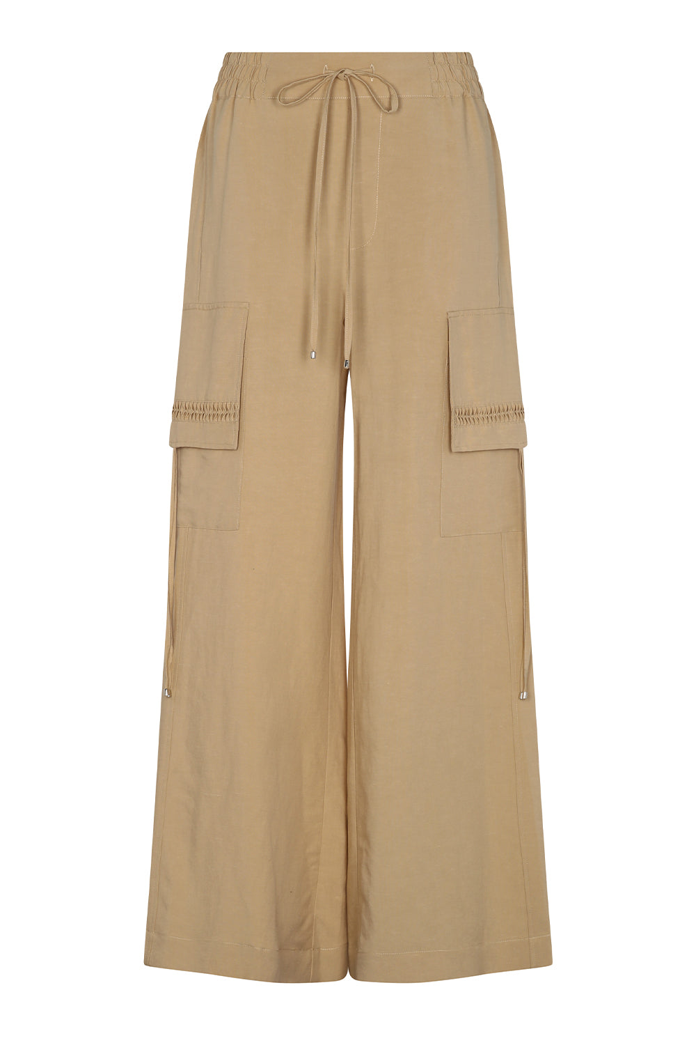 Tiana Wide-Leg Pant in Camel with metal-tipped drawstrings and patch pockets