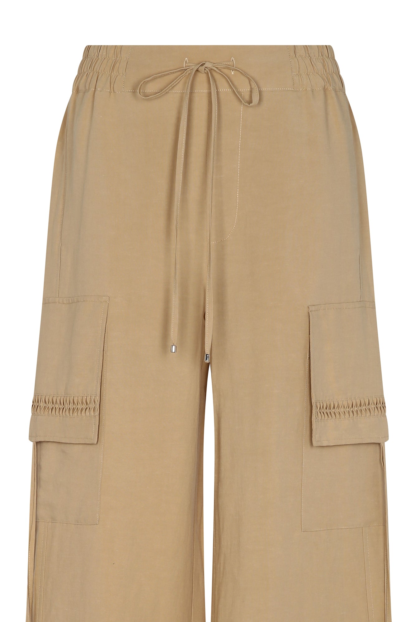 Tiana Wide-Leg Pant in Camel with metal-tipped drawstrings and patch pockets