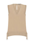 Valencia Blouse in Camel – Sleeveless blouse with hem detailing, armhole trim, and drawstring ties with metal buckles.