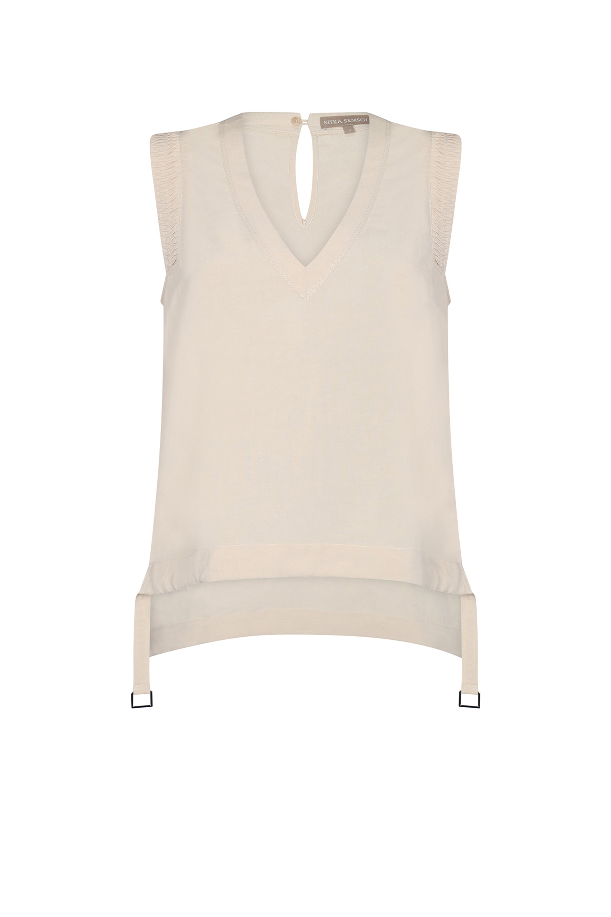 Valencia Blouse in Ecru with stitched details and drawstring hem