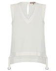 The Valencia Blouse in Off White, featuring its clean sleeveless design and premium linen blend.