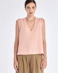 Front view of the Valencia Blouse in a delicate Rose hue, showcasing its premium linen blend fabric.
