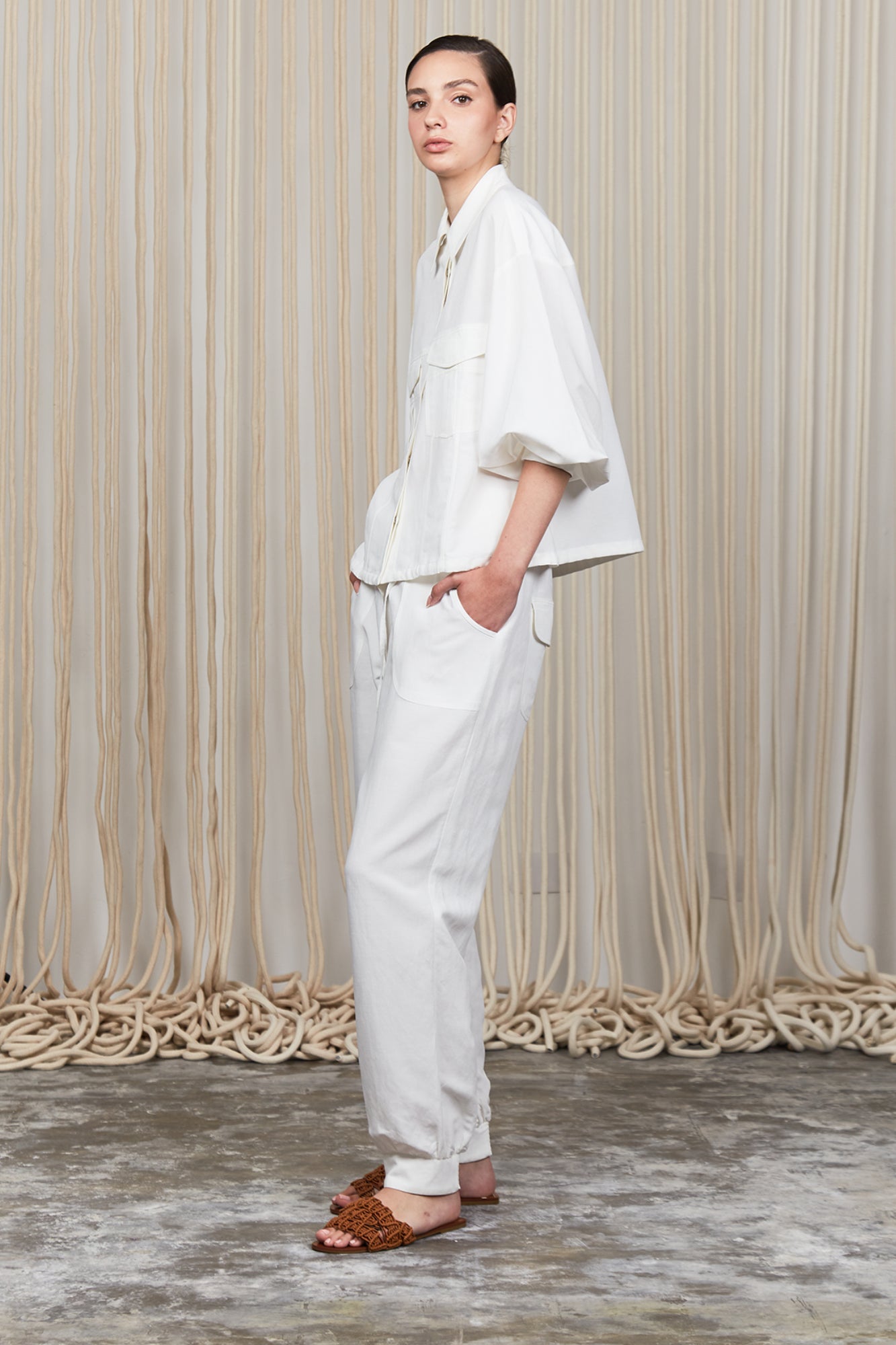 Zayla Pant in Off White, casual-chic joggers with a relaxed fit and adjustable drawstrings.