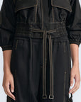 Zoe Jacket in Black – 100% cotton jacket with flap patch pockets, hidden buttons, long sleeves, and an adjustable drawstring hem.