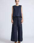 Zoe Pant in Navy – Wide-leg cotton pants with front and back patch pockets, high waist, and contrast stitching.