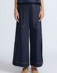 Zoe Pant in Navy – Wide-leg cotton pants with front and back patch pockets, high waist, and contrast stitching.