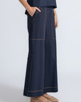 Zoe Pant in Navy – Wide-leg cotton pants with front and back patch pockets, high waist, and contrast stitching.