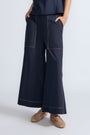 Zoe Pant in Navy – Wide-leg cotton pants with front and back patch pockets, high waist, and contrast stitching.