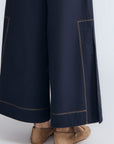 Zoe Pant in Navy – Wide-leg cotton pants with front and back patch pockets, high waist, and contrast stitching.