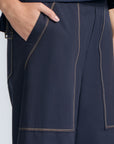 Zoe Pant in Navy – Wide-leg cotton pants with front and back patch pockets, high waist, and contrast stitching.