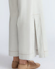 Zoe Pant in Silver – High-waisted cotton pants with front and back patch pockets, wide legs, contrast stitching, and side vents.