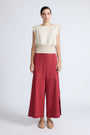 Zoe Pant in Wine – High-waisted wide-leg pants with front and back patch pockets, contrast stitching, and side vents.
