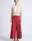Zoe Pant in Wine – High-waisted wide-leg pants with front and back patch pockets, contrast stitching, and side vents.