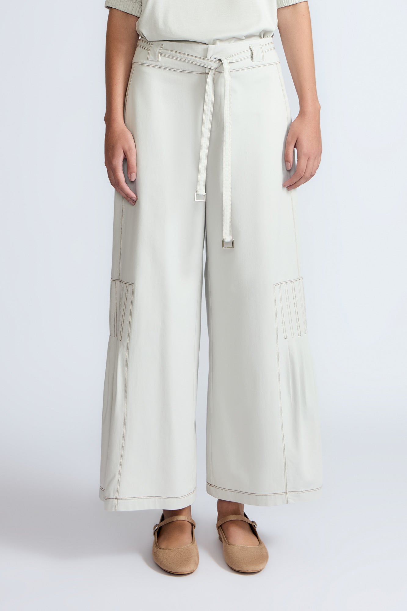 Zoila Pant in Silver – High-waisted cotton palazzo pants with metal buckle belt, back patch pockets, and contrast stitching.