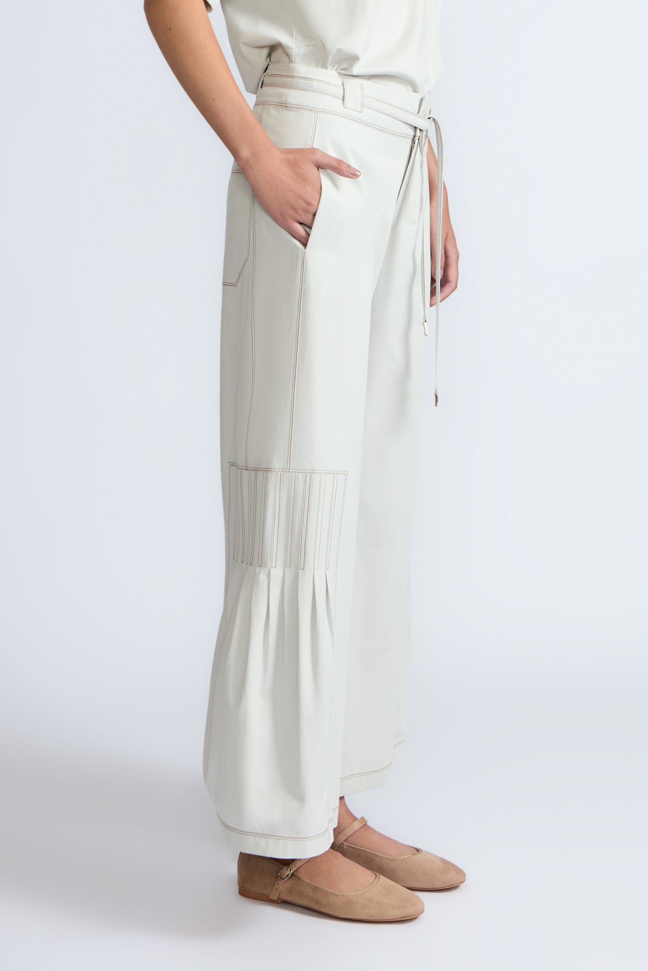 Zoila Pant in Silver – High-waisted cotton palazzo pants with metal buckle belt, back patch pockets, and contrast stitching.