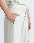 Zoila Pant in Silver – High-waisted cotton palazzo pants with metal buckle belt, back patch pockets, and contrast stitching.