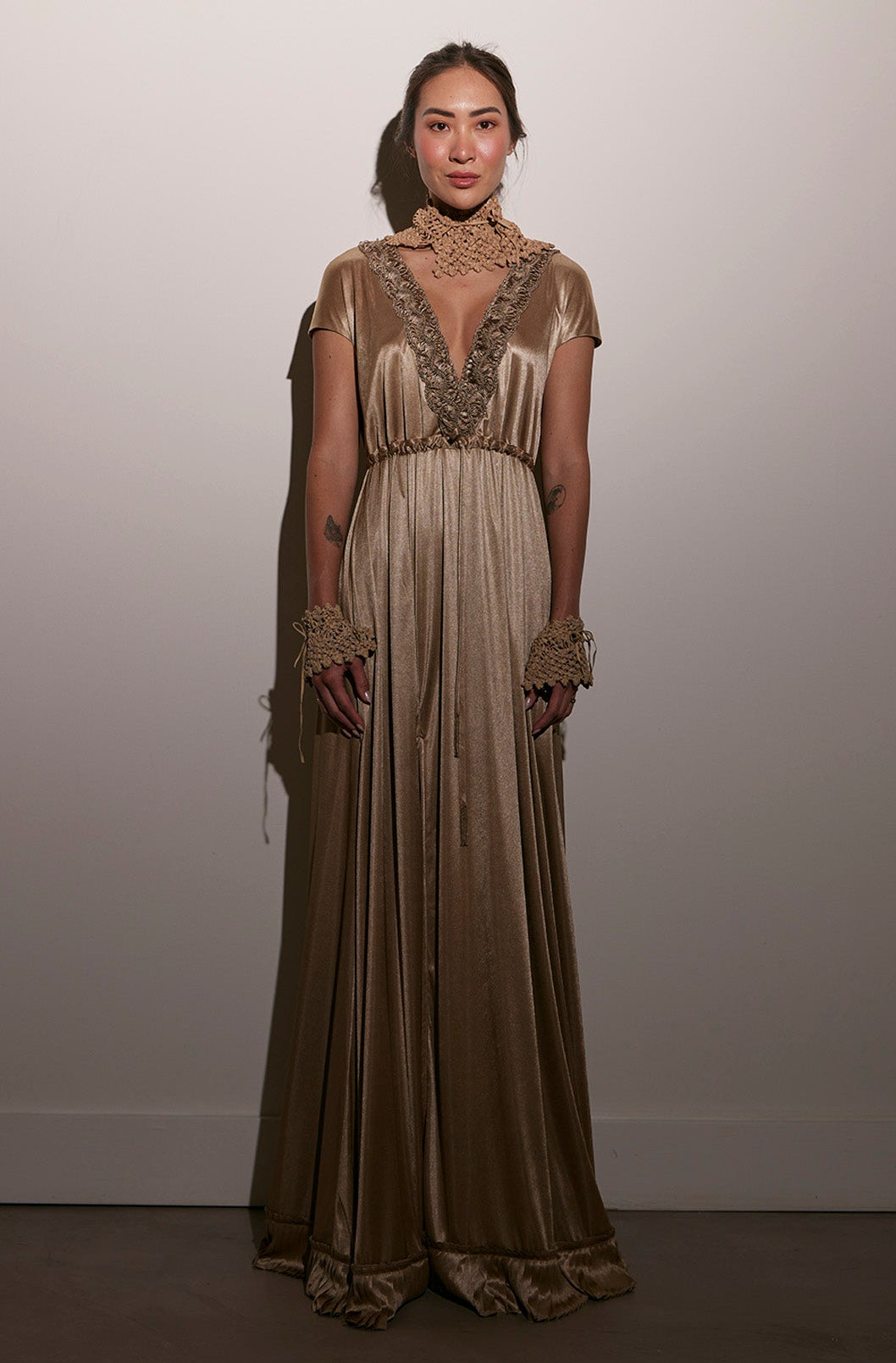 Zulma Artisan Embroidered Satin Dress in Beige | Sitka Semsch