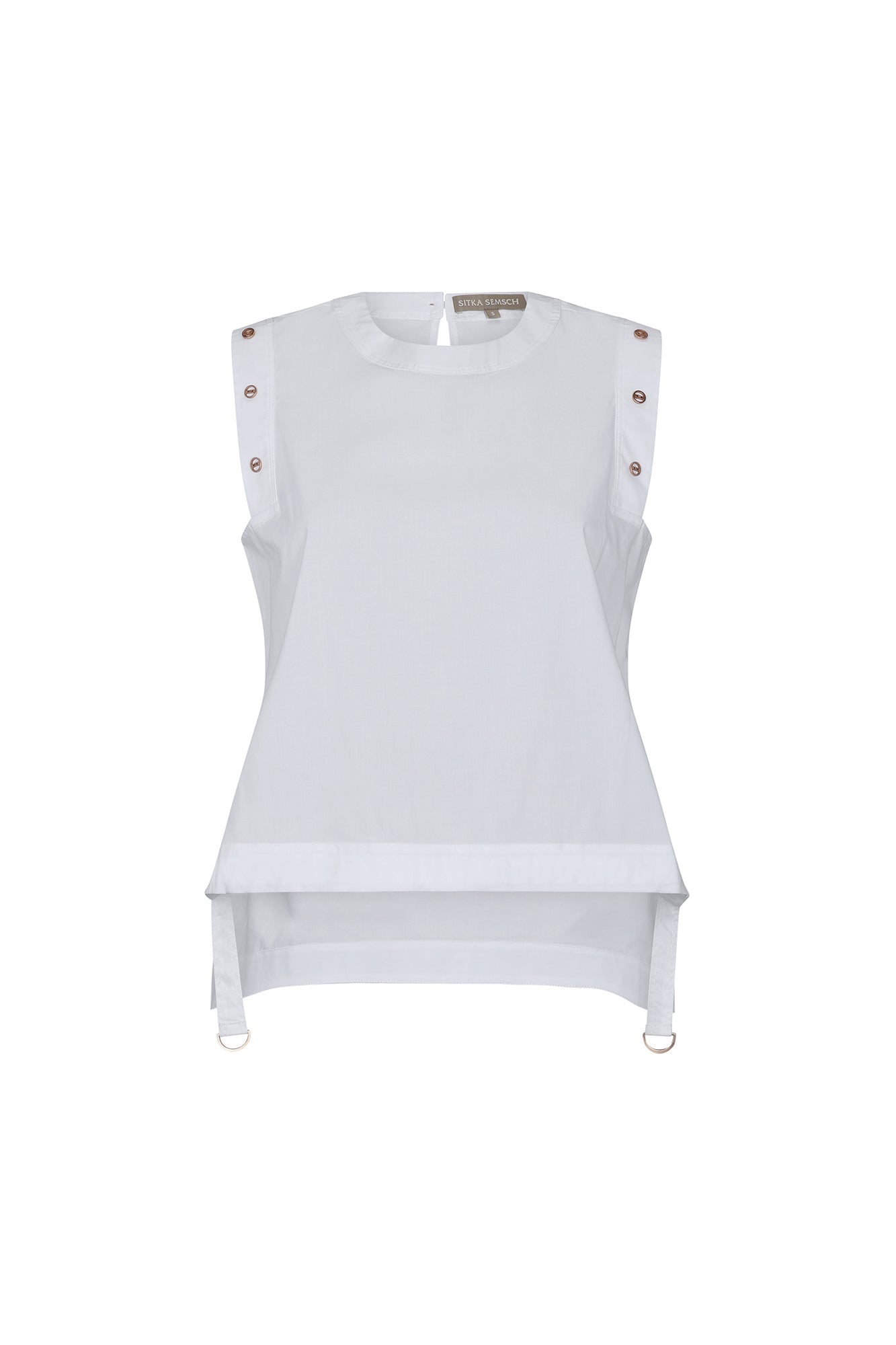 Sitka Semsch Avayah white cotton blouse with shoulder button details, casual and chic style