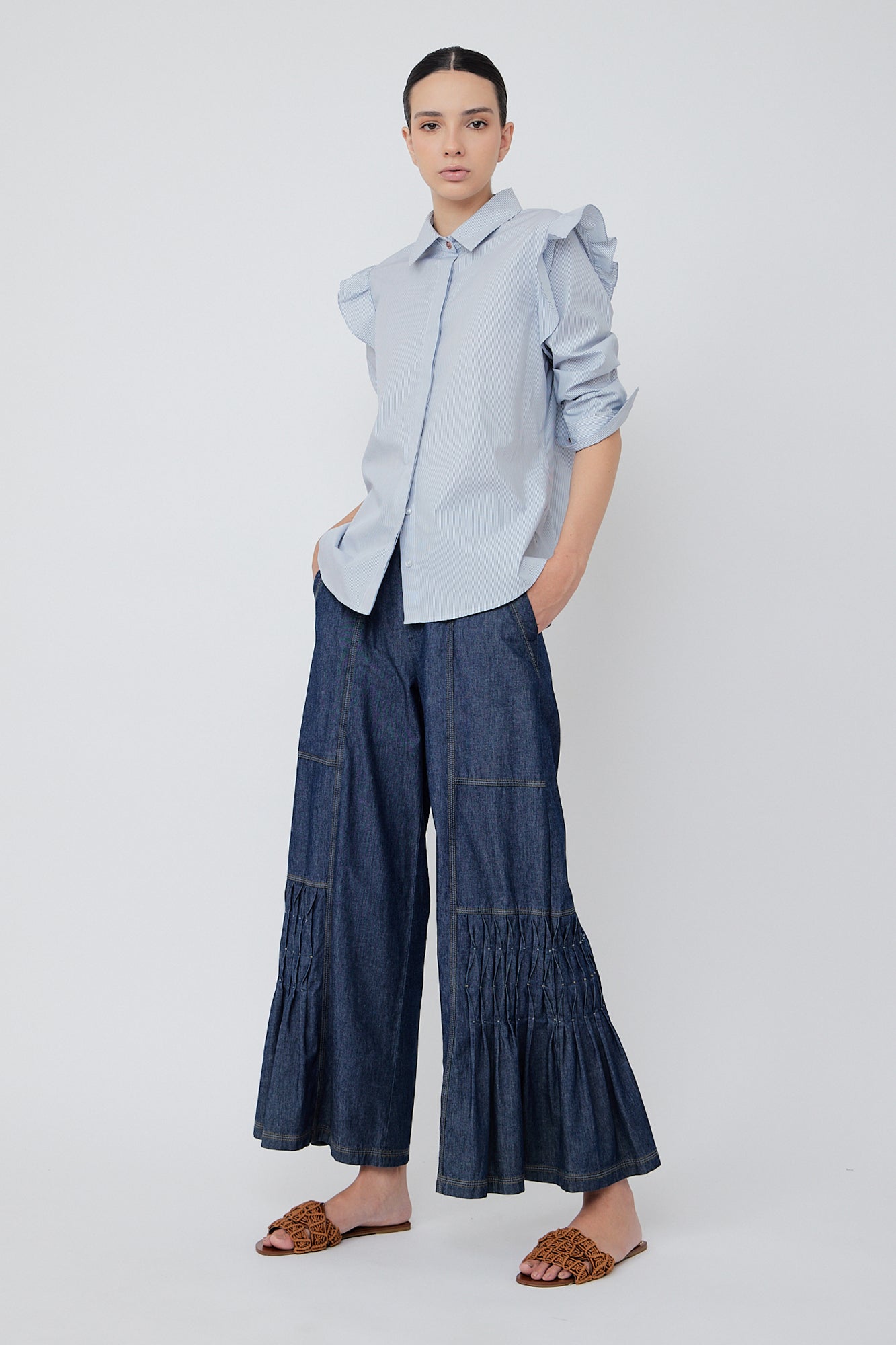 Bobi Ruffle Striped Blouse in Grey | Sitka Semsch