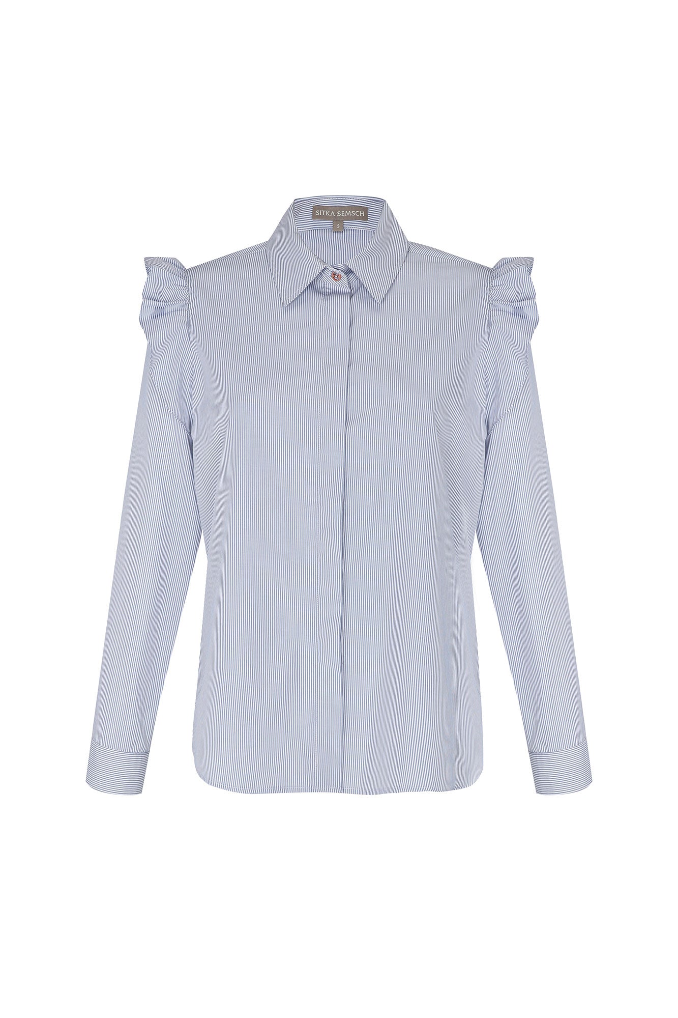 Front view of the Bobi Blouse, showcasing its classic grey stripe and tailored shirt collar.