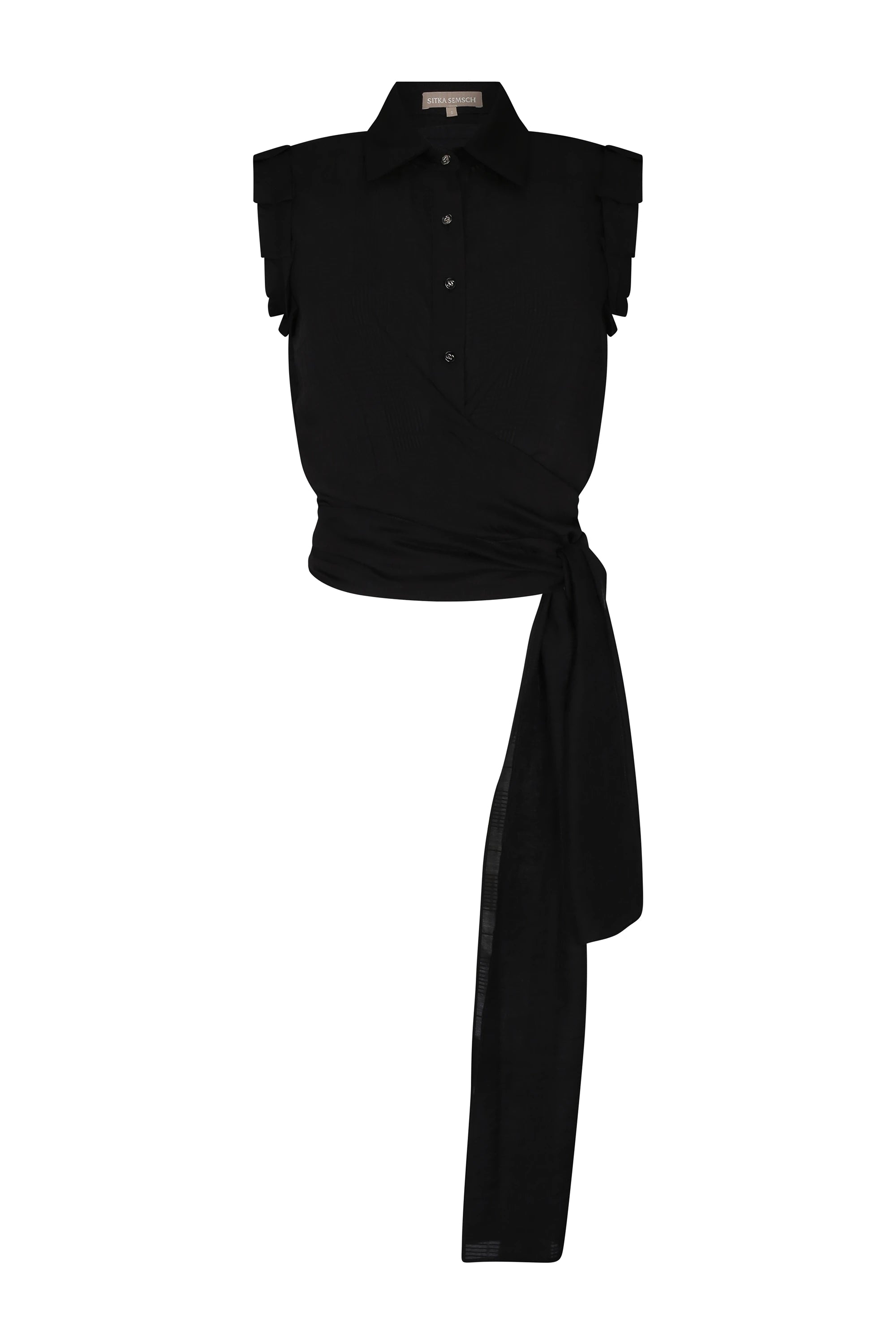 The Harlow Wrap Blouse in black, detailed with its polished metal buttons.