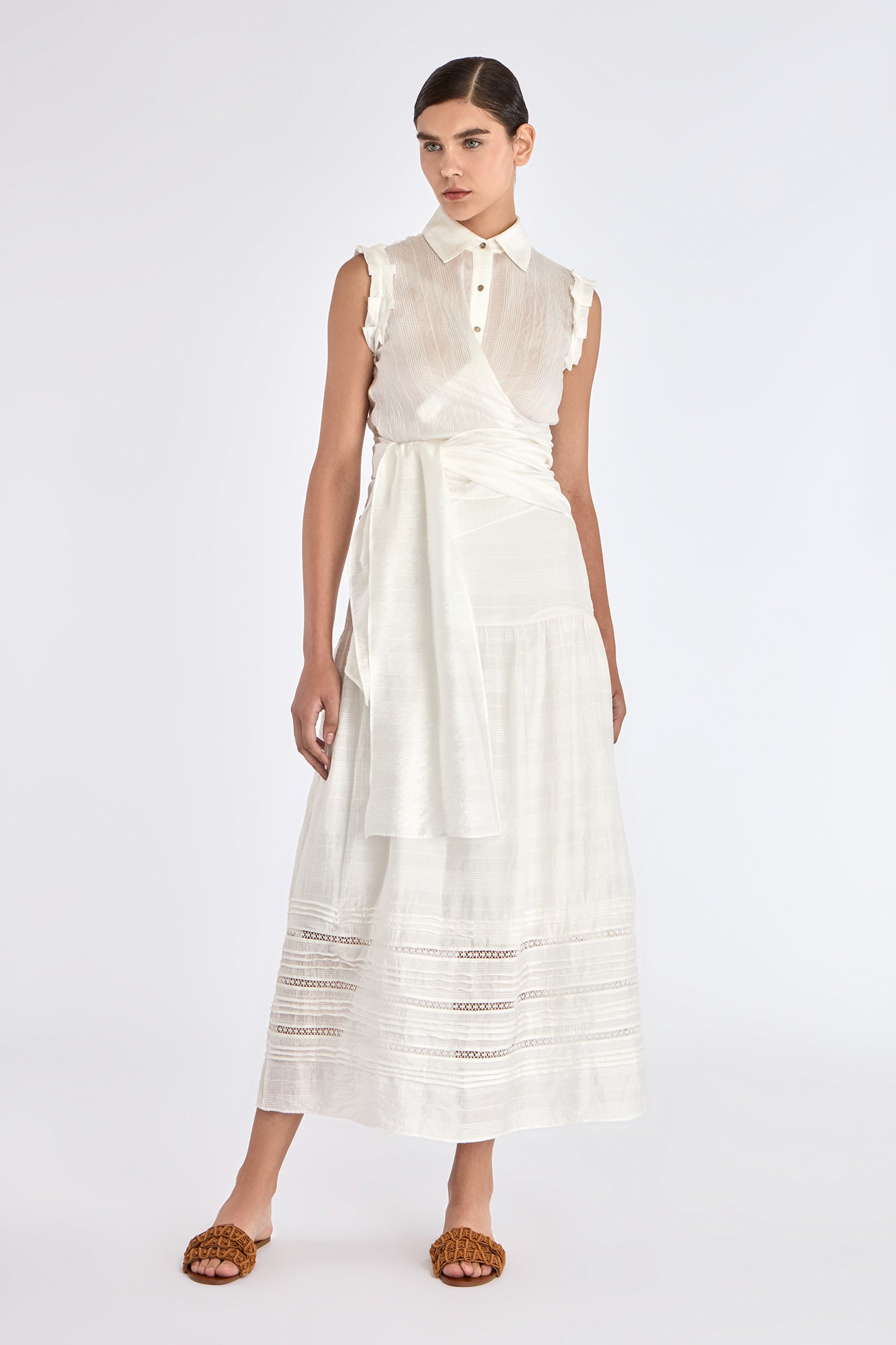 Front view of the Harlow Wrap Blouse in Off White, showcasing its tailored collar and wrap silhouette.