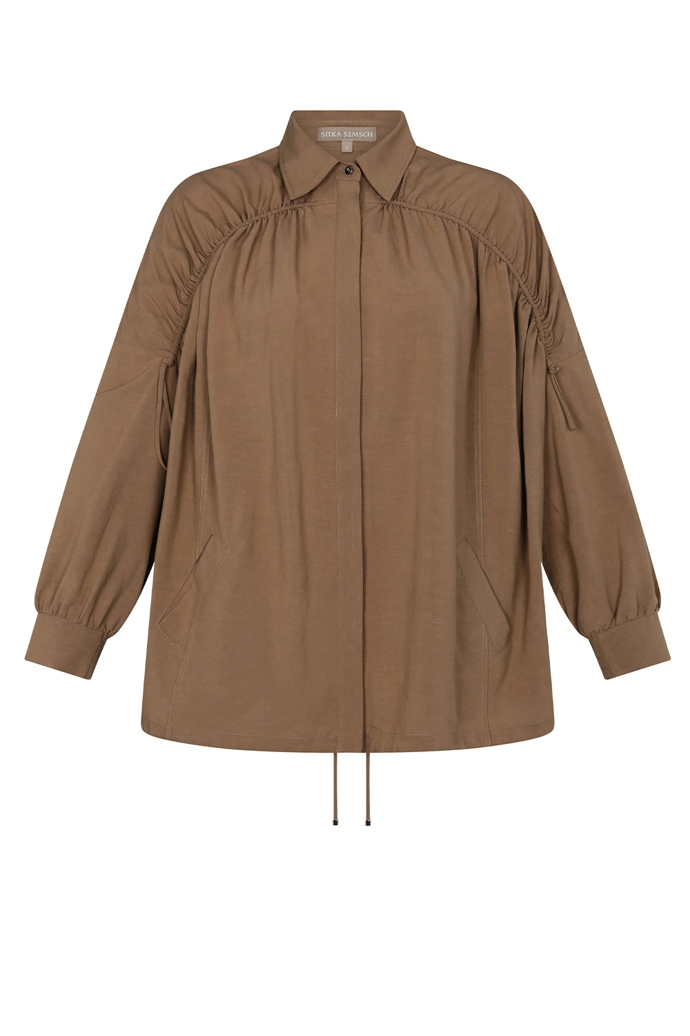 Ailani Jacket in Taupe – Linen Blend Jacket with Gathered Details