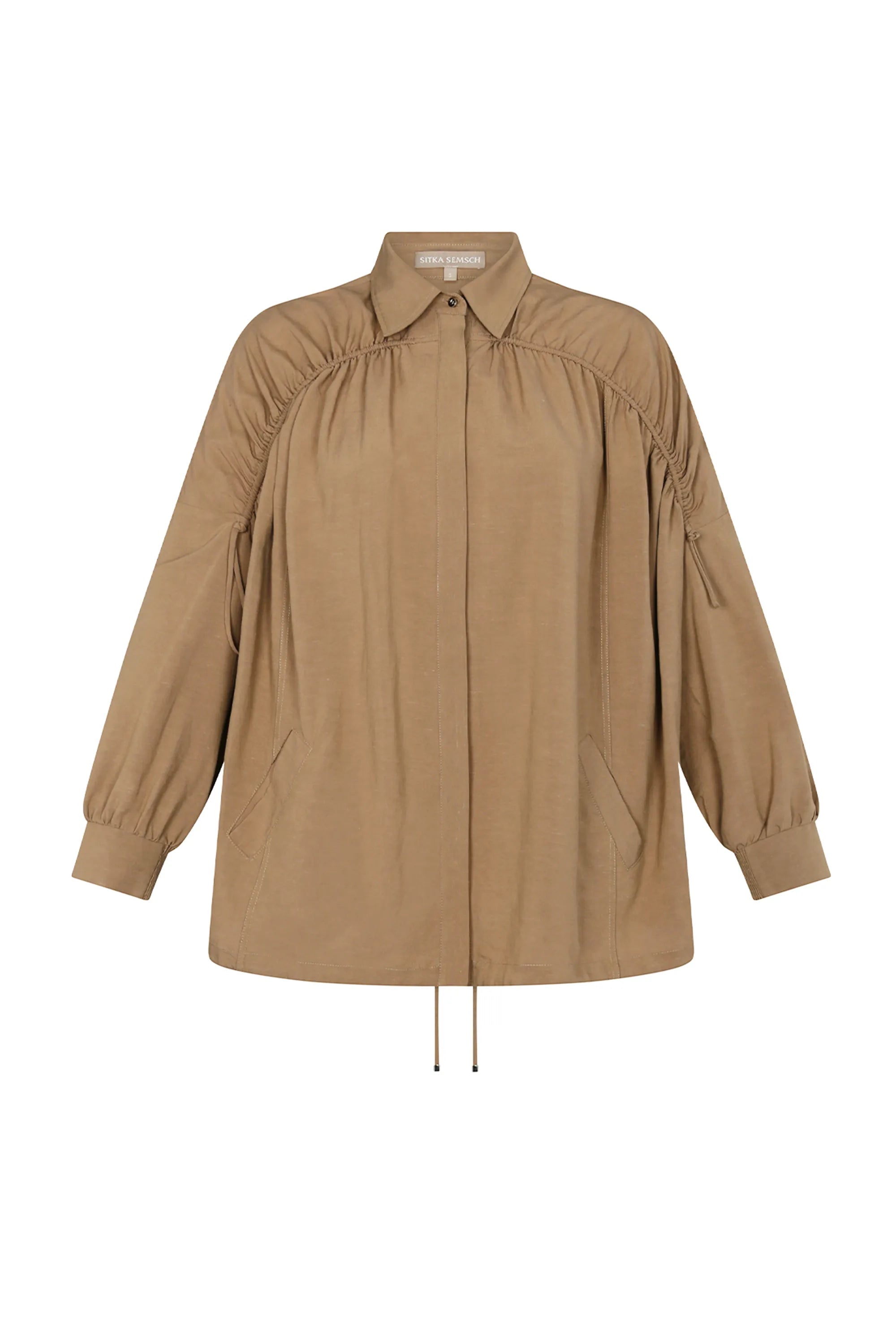 Front view of the Ailani Jacket in Taupe, showcasing its shirt collar and unique drawstring placket.