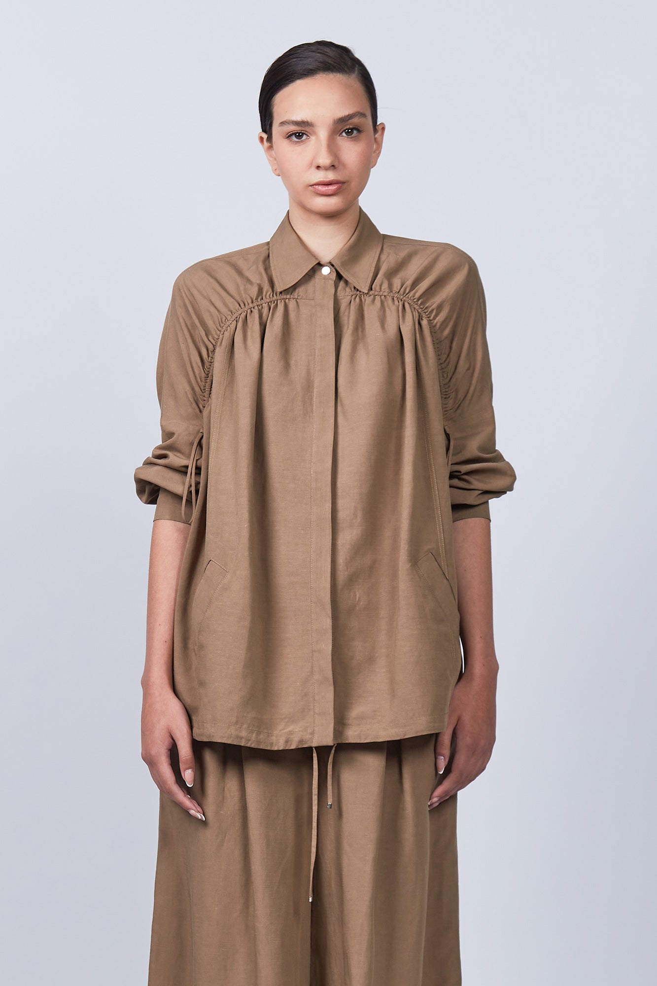 Ailani Jacket in Taupe – Linen Blend Jacket with Gathered Details