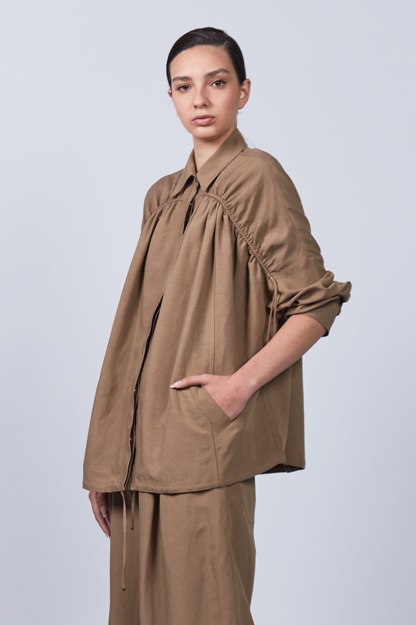 Ailani Jacket in Taupe – Linen Blend Jacket with Gathered Details