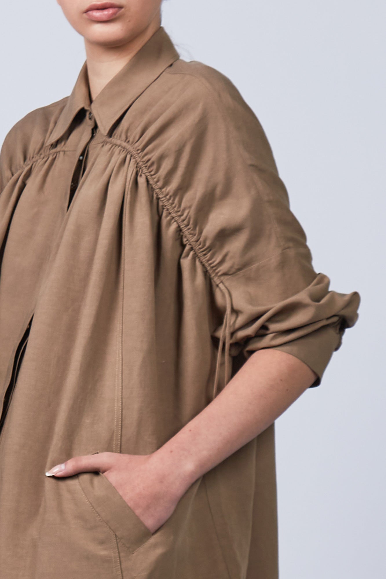 Ailani Jacket in Taupe – Linen Blend Jacket with Gathered Details