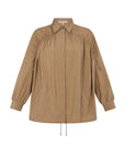 Front view of the Ailani Jacket in Taupe, showcasing its shirt collar and unique drawstring placket.