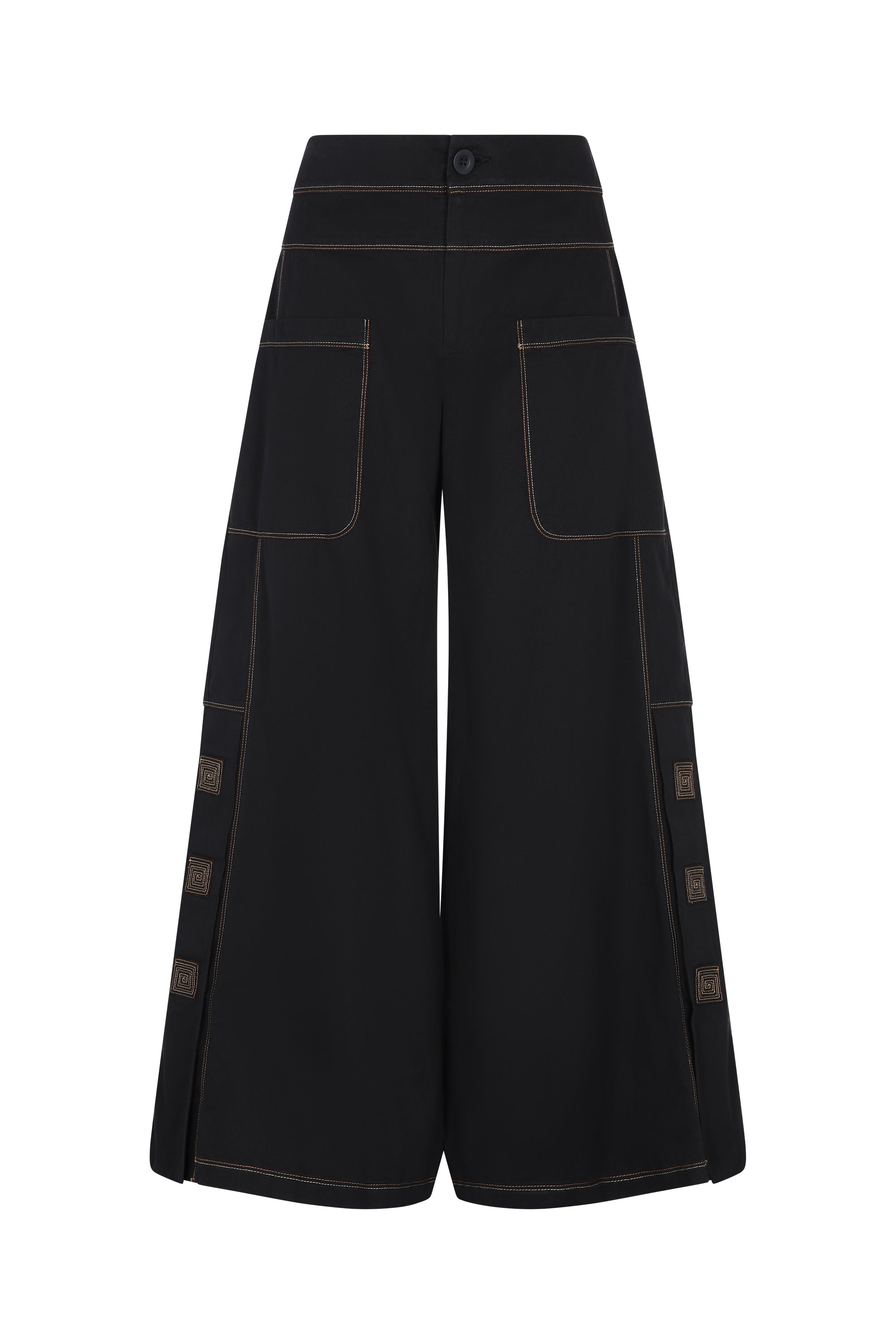 Aliana high-waisted palazzo pants in 100% cotton, featuring front and back patch pockets, side vents with button details, and contrast stitching.